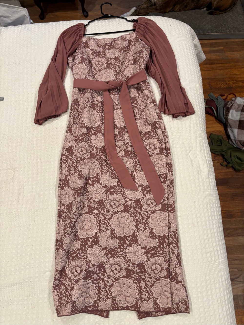 SHEIN Rose Mauve Floral Lace Long Sleeve Maxi Dress with Belt